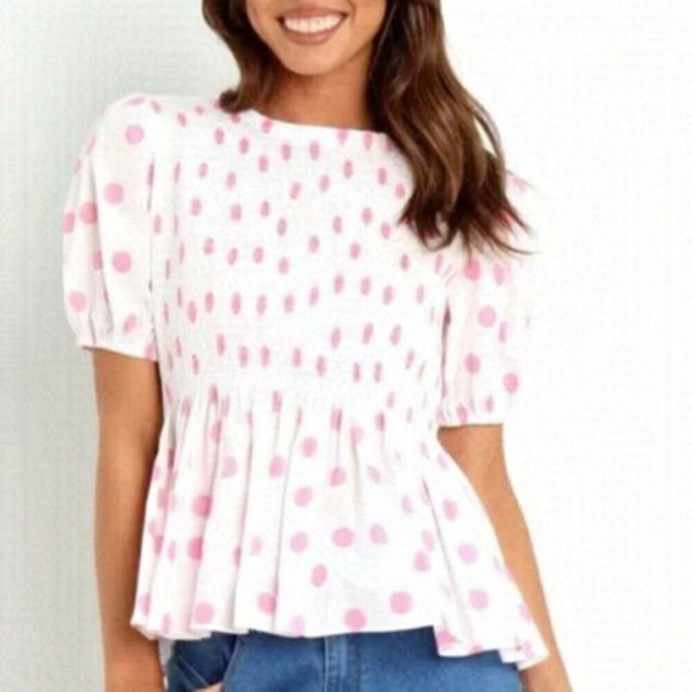 Petal & Pup Cotton Polka Dot White and Pink Round Neck Cropped Top size 4 NWT